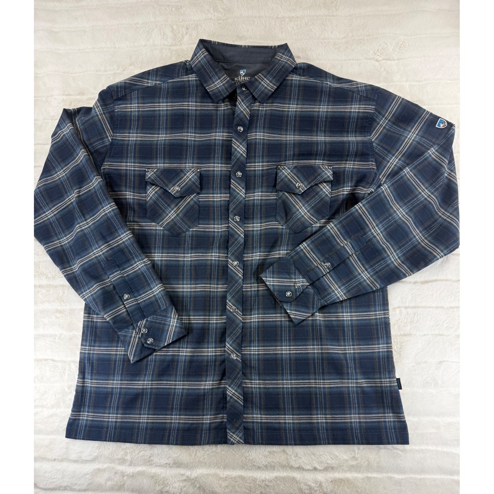 Kuhl Joyrydr Blue Plaid Flannel Shirt Mens XXL Snap Front Long Sleeve Outdoor